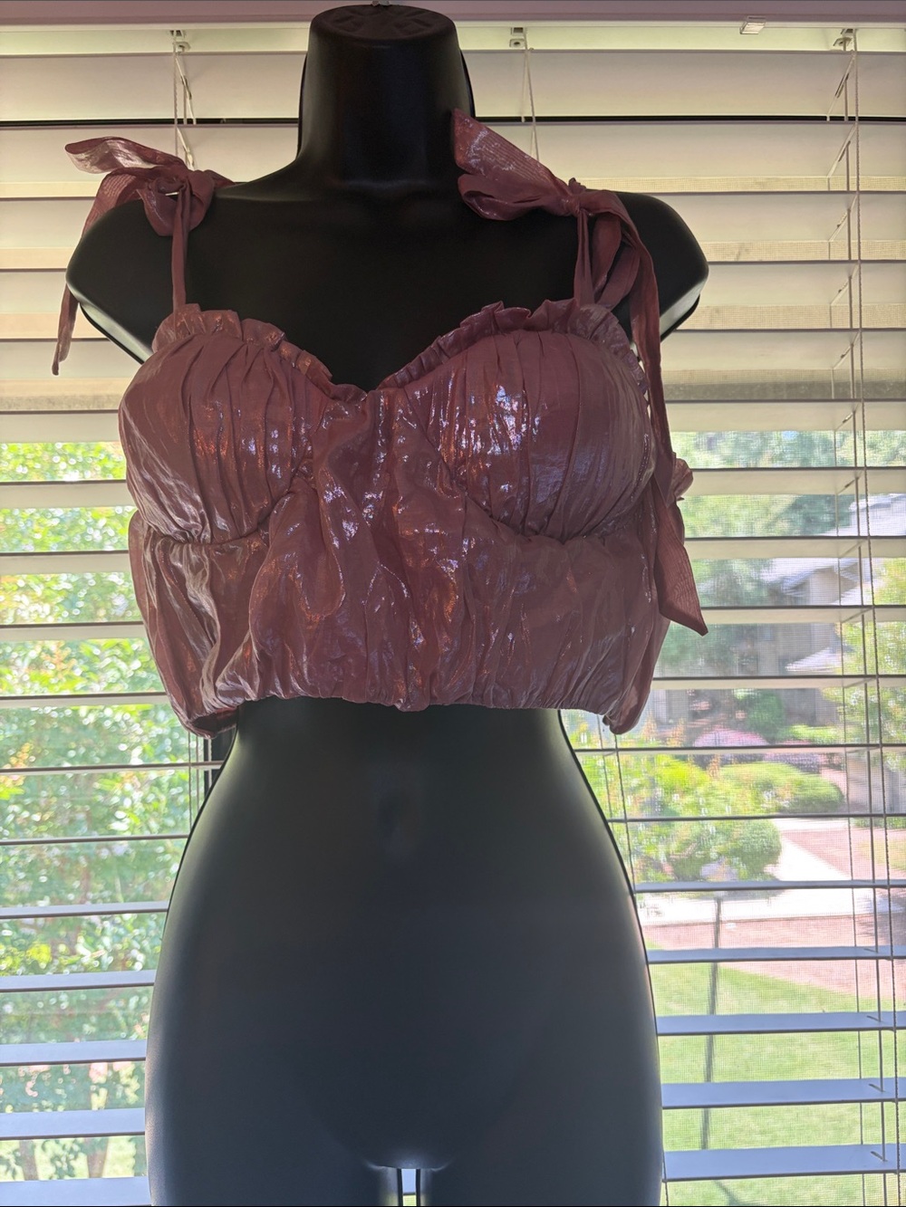 Shimmery Mauve Tie-Shoulder Crop Top